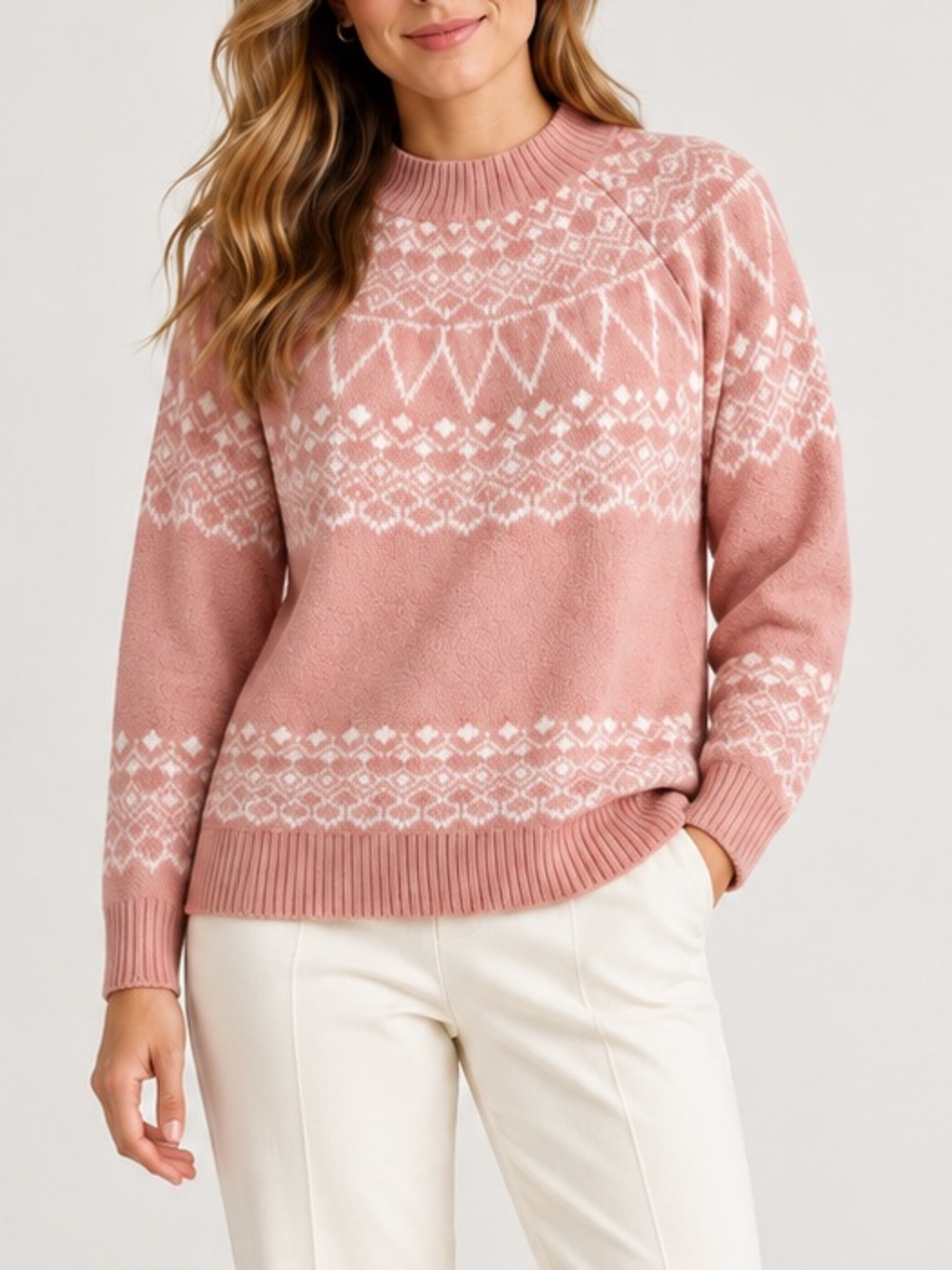LOFT Pink Fair Isle Nordic Mock Neck Sweater Cozy Après Ski Lodge Winter Large